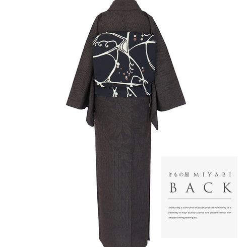 紬 リサイクル 身丈158.8cm 裄64.6cm 単衣 塩沢絣 やまだ織 幾何学模様 草花柄 ブラック Mサイズ お洒落 カジュアル 正絹 広衿 Sランク