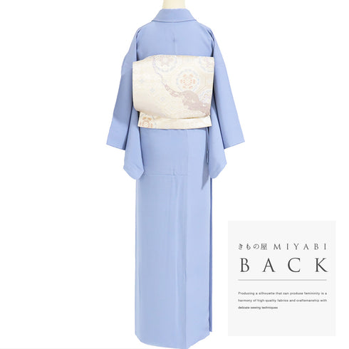 色無地 リサイクル 身丈157.7cm 裄63cm 袷 パールトーン加工 ブルー Mサイズ セミフォーマル お洒落 一つ紋 正絹 広衿 地紋なし Sランク