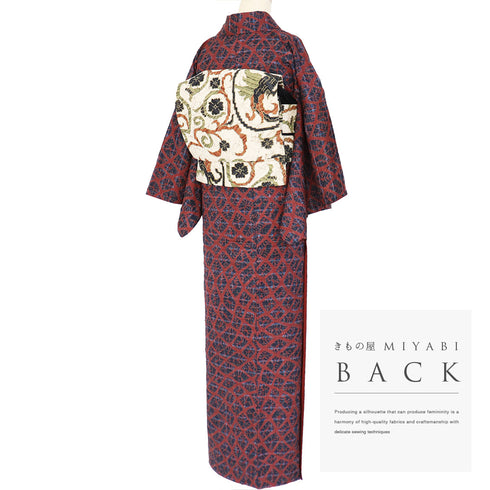 紬 リサイクル 身丈156cm 裄62.8cm 袷 格子紬に巻き上げ絞り柄 多色 Mサイズ お洒落 カジュアル 正絹 広衿 Sランク