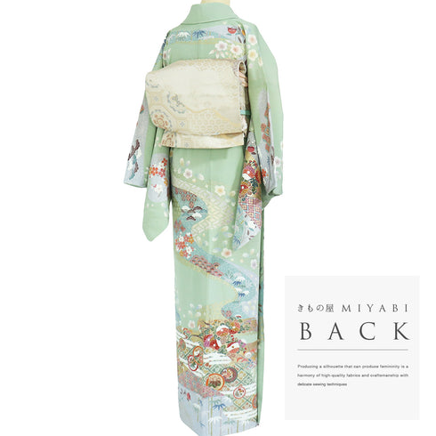 訪問着 リサイクル 身丈164.2cm 裄66.4cm 袷 霞に菊やたちばな柄 金駒刺繍 後絞り加工 箔 グリーン Lサイズ セミフォーマル お洒落 正絹 広衿 Sランク