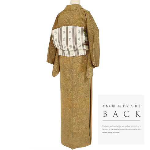 小紋 リサイクル 身丈161.7cm 裄62.4cm 袷 氷割れ柄 たたき イエロー Lサイズ お洒落 カジュアル 正絹 広衿 Aランク