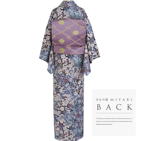 小紋 リサイクル 身丈159cm 裄62.8cm 袷 辻ヶ花模様 地紋 グレー Mサイズ お洒落 カジュアル 証紙 しつけ糸 正絹 広衿 Sランク