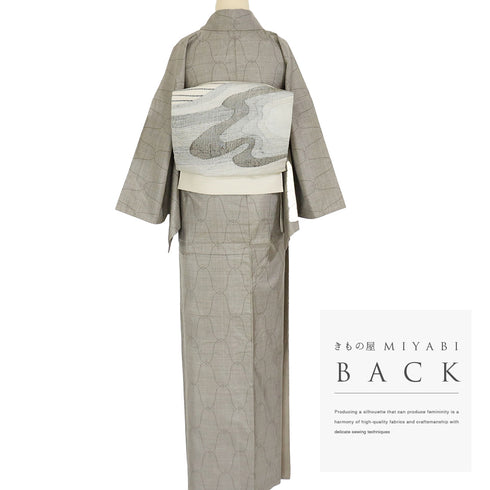 紬 リサイクル 身丈159cm 裄64.6cm 袷 デザイン網目模様 ベージュ Mサイズ お洒落 カジュアル しつけ糸 正絹 広衿 Sランク