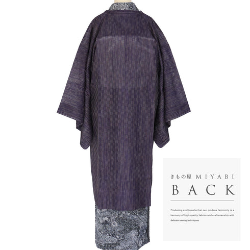 道行コート リサイクル 身丈111.8cm 裄71.6cm 単衣 格子柄 スリーシーズン 薄物 奄美大島本泥染 パープル LLサイズ お洒落 証紙 正絹 Sランク