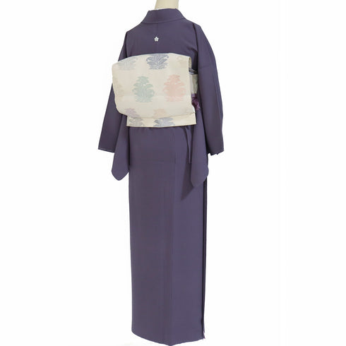 色無地 リサイクル 身丈161cm 裄65.6cm 袷 パープル Lサイズ セミフォーマル お洒落 一つ紋 正絹 広衿 地紋なし Sランク