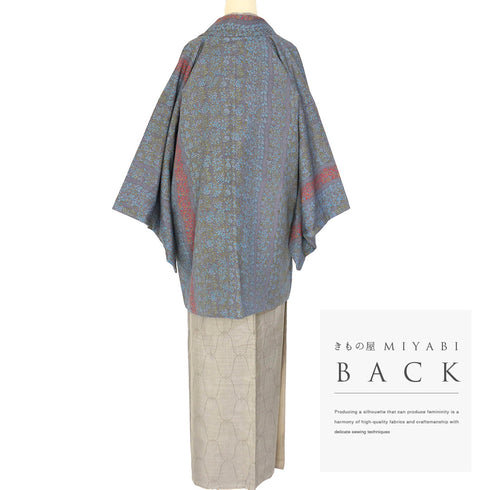 道中着 リサイクル 身丈83.8cm 裄65.2cm 袷 デザイン縞模様 草花柄 ブルー Mサイズ カジュアル 正絹 Sランク