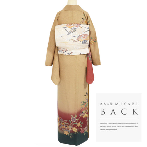 訪問着 リサイクル 身丈161.7cm 裄66.4cm 袷 鼓や扇子や花柄 ブラウン Lサイズ お洒落 セミフォーマル 正絹 広衿 Aランク