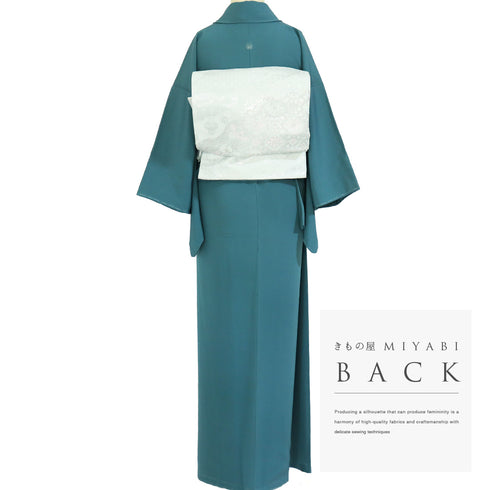 色無地 リサイクル 身丈158cm 裄62.8cm 袷 花井幸子の色 グリーン Mサイズ セミフォーマル 落款 一つ紋 しつけ糸 正絹 広衿 地紋なし Sランク