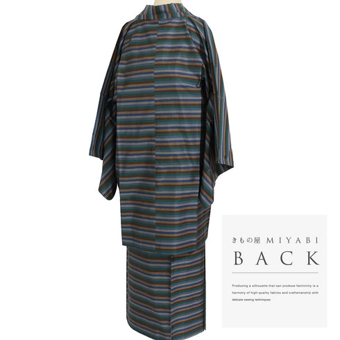 大島紬 リサイクル アンサンブル 2点セット 袷 証紙 Lサイズ Aランク ボーダー柄 カジュアル 道行コート丈89.5cm 身丈161.5cm 裄64.8cm 正絹 着物 AN-56