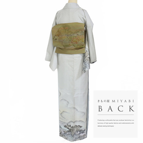 付下げ リサイクル 身丈166.4cm 裄65.6cm 袷 紬 お召 御堂のある風景柄 箔 グレー LLサイズ お洒落 正絹 広衿 Sランク