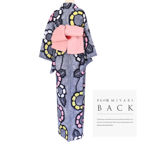 浴衣 リサイクル 夏着物 身丈145.5cm 裄62.4cm 夏物 絞り 花柄 ジュニアサイズ ネイビー SSサイズ カジュアル お洒落 木綿 洗える着物 バチ衿 Aランク