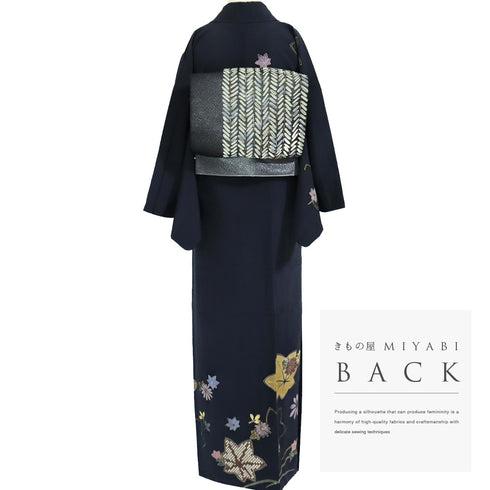 訪問着 リサイクル 身丈168.3cm 裄67cm 袷 紅葉や菊柄 箔 ネイビー LLサイズ お洒落 不明 広衿 Sランク