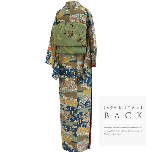 小紋 リサイクル 身丈163cm 裄64.4cm 袷 風景模様 ネイビー Lサイズ お洒落 カジュアル ポリエステル 洗える着物 広衿 Sランク