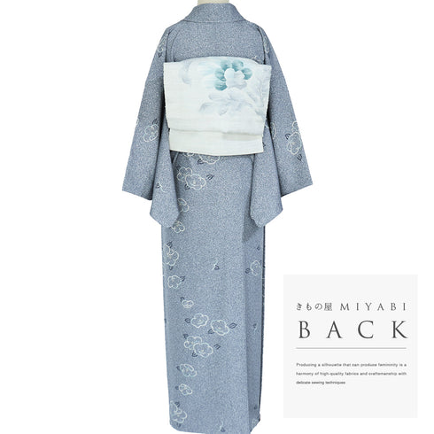 小紋 リサイクル 身丈155cm 裄65.1cm 袷 椿柄 グレー Sサイズ お洒落 カジュアル しつけ糸 正絹 広衿 Sランク