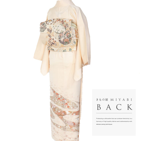 色留袖 リサイクル 身丈151cm 裄63.2cm 袷 扇面流し 金駒刺繍 箔加工 比翼無し ベージュ Sサイズ フォーマル セミフォーマル 一つ紋 正絹 広衿 Aランク