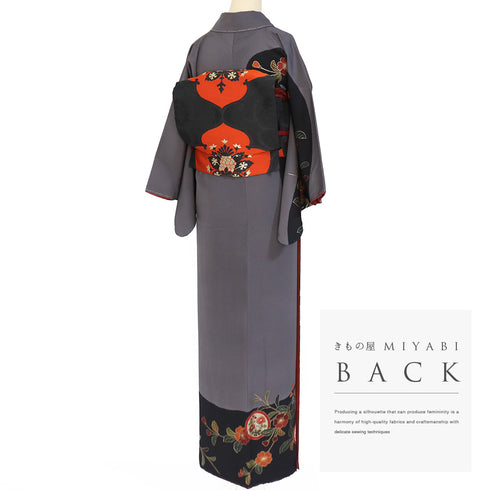 訪問着 リサイクル 身丈162.5cm 裄62cm 袷 丸に橘や菊柄 箔 金彩 ブラック Lサイズ セミフォーマル お洒落 正絹 広衿 Sランク