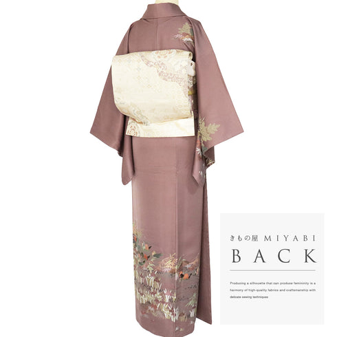 訪問着 リサイクル 身丈156.5cm 裄62.8cm 袷 蘇州刺繍 鴛鴦柄 パープル Mサイズ フォーマル セミフォーマル 落款 しつけ糸 正絹 広衿 Sランク