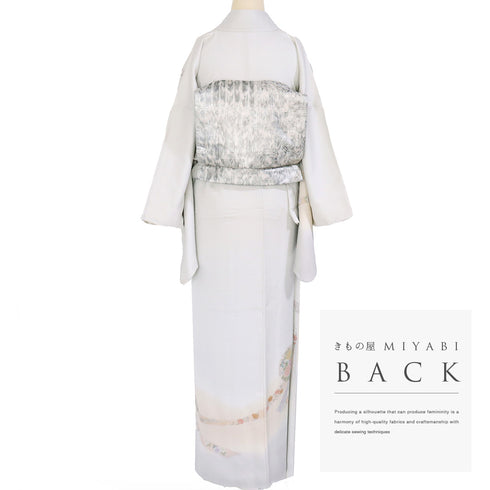 訪問着 リサイクル 身丈170.5cm 裄68cm 袷 雪輪に花 汕頭刺繍 相良刺繍 グレー LLサイズ お洒落 正絹 広衿 Sランク