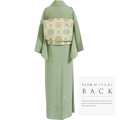 訪問着 リサイクル 身丈150.5cm 裄62.4cm 袷 小花柄 グリーン Sサイズ セミフォーマル お洒落 一つ紋 正絹 広衿 Aランク