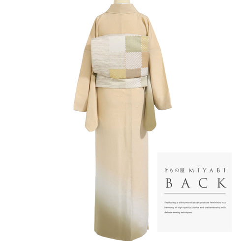 訪問着 リサイクル 身丈171.3cm 裄69.6cm 袷 木目の地紋に裾ボカシ柄 ベージュ LLサイズ お洒落 正絹 広衿 Sランク