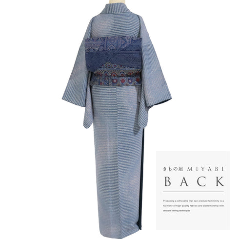 小紋 リサイクル 身丈155.5cm 裄64.6cm 袷 横縞ボカシ たたき ブルー Mサイズ お洒落 正絹 広衿 Sランク