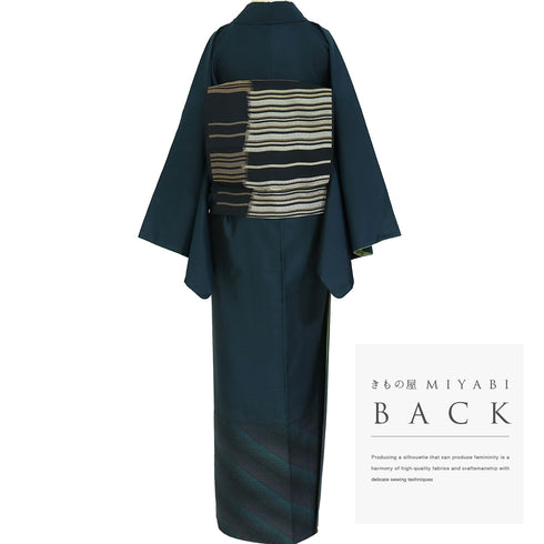 紬 リサイクル 身丈164.8cm 裄70.4cm 袷 裾柄 ネイビー Lサイズ お洒落 正絹 広衿 Aランク