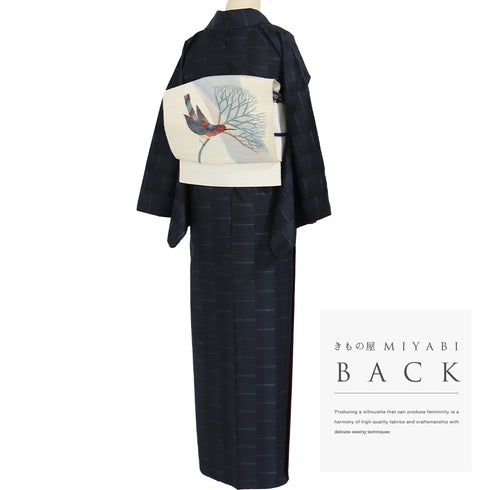 紬 リサイクル 身丈155.3cm 裄66.2cm 袷 幾何学模様 ネイビー Sサイズ お洒落 カジュアル 正絹 広衿 Aランク