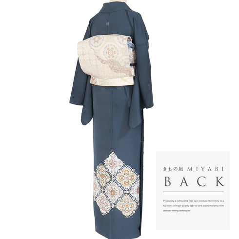 色留袖 リサイクル 身丈163cm 裄66.6cm 袷 華文に唐花柄 箔 金駒刺繍 ネイビー Lサイズ セミフォーマル 落款 一つ紋 正絹 広衿 Sランク