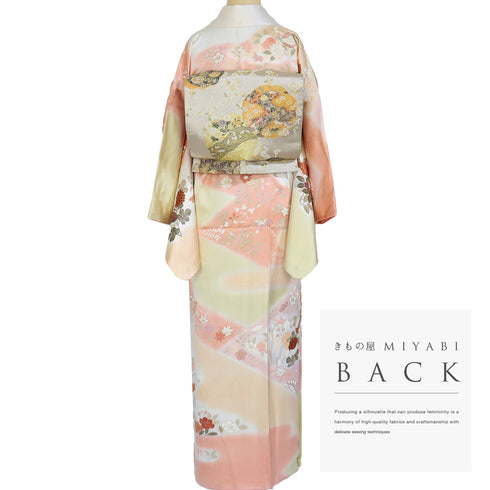 訪問着 リサイクル 身丈153.5cm 裄65.4cm 袷 菊やたちばな柄 地紋 刺繍 箔 パールトーン加工 多色 Sサイズ セミフォーマル お洒落 正絹 広衿 Sランク