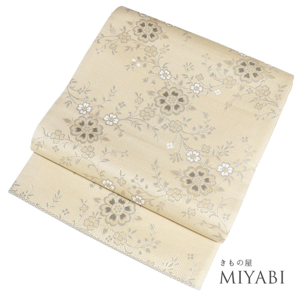 袋帯 リサイクル 帯丈444cm 六通 花柄 ベージュ Mサイズ 正絹 Sランク お洒落