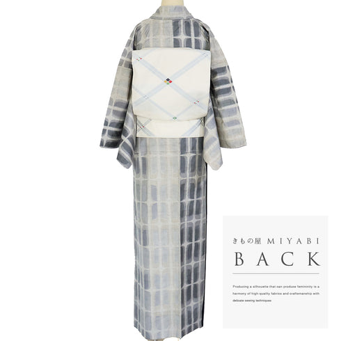 紬 リサイクル 身丈163cm 裄68.4cm 袷 デザイン格子模様 グレー Lサイズ カジュアル お洒落 正絹 広衿 Sランク