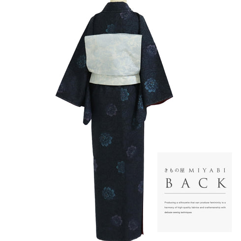 大島紬 リサイクル 身丈160.7cm 裄63.8cm 袷 花 唐草 ネイビー Lサイズ お洒落 カジュアル しつけ糸 正絹 広衿 Sランク