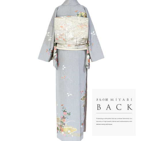 訪問着 リサイクル 身丈161.3cm 裄67.2cm 袷 菊柄 たたき柄 箔加工 グレー Lサイズ セミフォーマル お洒落 正絹 広衿 Sランク