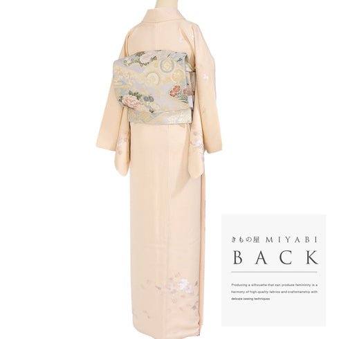 付下げ リサイクル 身丈166.5cm 裄66.8cm 袷 蔦柄 地紋 刺繍 ベージュ LLサイズ セミフォーマル お洒落 正絹 広衿 Aランク