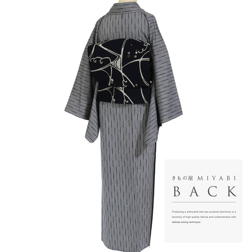 紬 リサイクル 身丈162.7cm 裄68cm 単衣 デザイン縞模様 グレー Lサイズ お洒落 正絹 広衿 Aランク