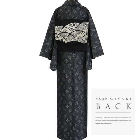 紬 リサイクル 身丈157.5cm 裄63.2cm 単衣 縦枠柄 ブラック Mサイズ お洒落 カジュアル しつけ糸 正絹 広衿 Sランク