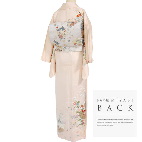 訪問着 リサイクル 身丈159cm 裄64.4cm 袷 橘型に菊や桐柄 刺繍 ピンク Mサイズ セミフォーマル お洒落 正絹 広衿 Aランク