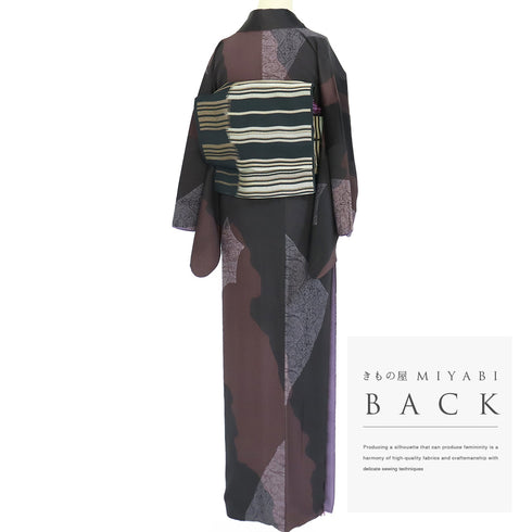 小紋 リサイクル 身丈160cm 裄65.2cm 袷 染めわけ 地紋 ブラック Mサイズ お洒落 カジュアル 正絹 広衿 Aランク