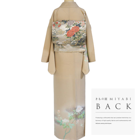 訪問着 リサイクル 身丈162.8cm 裄66.8cm 袷 箔加工 牡丹柄 ベージュ Lサイズ 正絹 広衿 Sランク