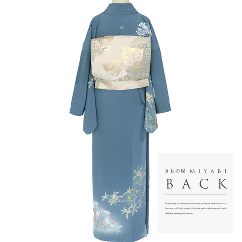 訪問着 リサイクル 身丈156cm 裄67.2cm 袷 菊やあじさい柄 芳翠柄 ブルー Mサイズ フォーマル セミフォーマル 一つ紋 正絹 広衿 Sランク