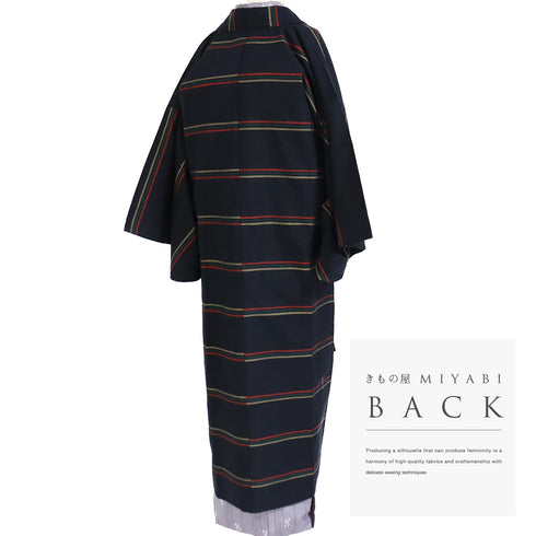 道中着 リサイクル 身丈130.8cm 裄67.4cm 袷 紬 ロング丈 縞柄 ブラック Lサイズ お洒落 カジュアル 正絹 Aランク