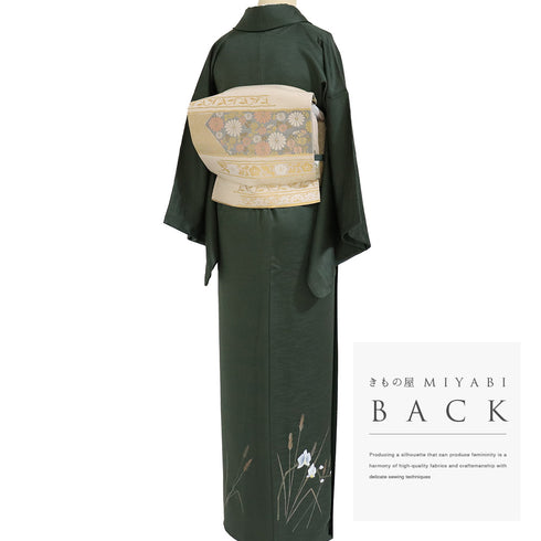 付下げ リサイクル 身丈157.2cm 裄62.4cm 袷 胡蝶蘭 草花柄 箔 グリーン Mサイズ フォーマル セミフォーマル 正絹 広衿 Sランク