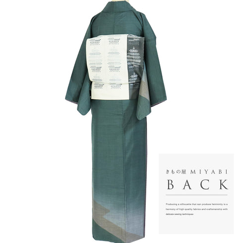 付下げ リサイクル 身丈160cm 裄64.6cm 袷 紬 抽象柄 グリーン Mサイズ お洒落 しつけ糸 正絹 広衿 Sランク