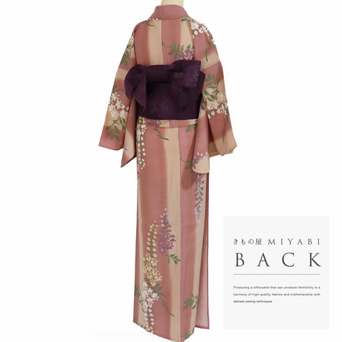 浴衣 リサイクル 夏着物 身丈164cm 裄67cm 夏物 透け感あり 既製品 鳥居ユキ 藤の花 縦ぼかし柄 ピンク Lサイズ カジュアル お洒落 しつけ糸 ポリエステル 洗える着物 バチ衿 新品・未使用品