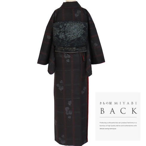 小紋 リサイクル 身丈162.5cm 裄66.6cm 袷 格子に蔦柄 地紋 ブラック Lサイズ お洒落 カジュアル ポリエステル 洗える着物 広衿 新品・未使用品