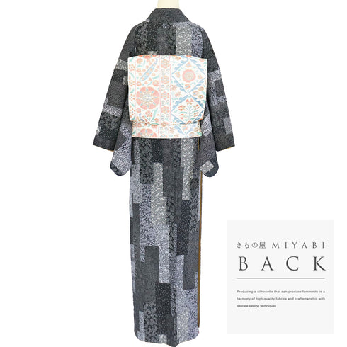 小紋 リサイクル 身丈163cm 裄65.4cm 袷 寄せ柄 パールトーン加工 ブラック Lサイズ お洒落 正絹 広衿 Sランク