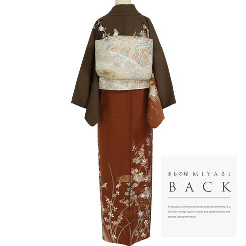 訪問着 リサイクル 身丈158.5cm 裄64.4cm 袷 花車や花籠柄 金駒刺繍 ブラウン Mサイズ セミフォーマル お洒落 正絹 広衿 Sランク