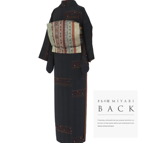 小紋 リサイクル 身丈152.7cm 裄64cm 袷 横段柄 パールトーン加工 ブラック Sサイズ お洒落 カジュアル 正絹 広衿 Sランク