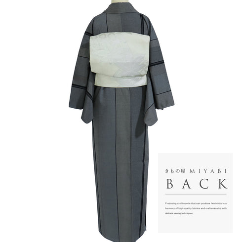 紬 リサイクル 身丈161cm 裄65.4cm 単衣 縞模様 後身頃居敷当て付き グレー Lサイズ カジュアル お洒落 正絹 広衿 Sランク