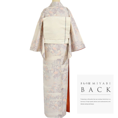 紬 リサイクル 身丈158cm 裄65.2cm 袷 風景文様 ピンク Mサイズ お洒落 カジュアル 正絹 広衿 Sランク